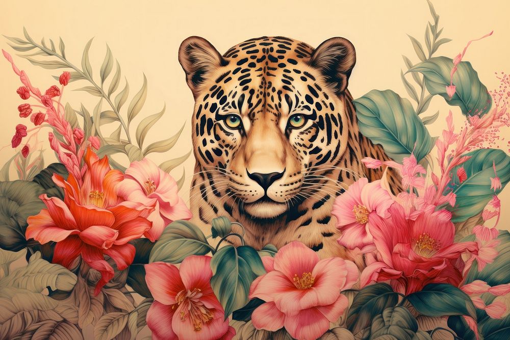 Vintage drawing of jaguar flower wildlife painting.