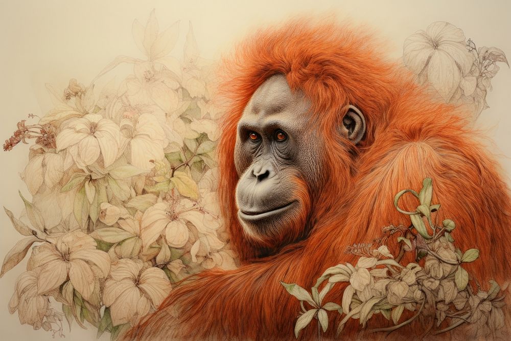 Vintage drawing of orangutan wildlife animal mammal.