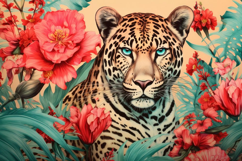 Vintage drawing of leopard pattern flower painting animal.