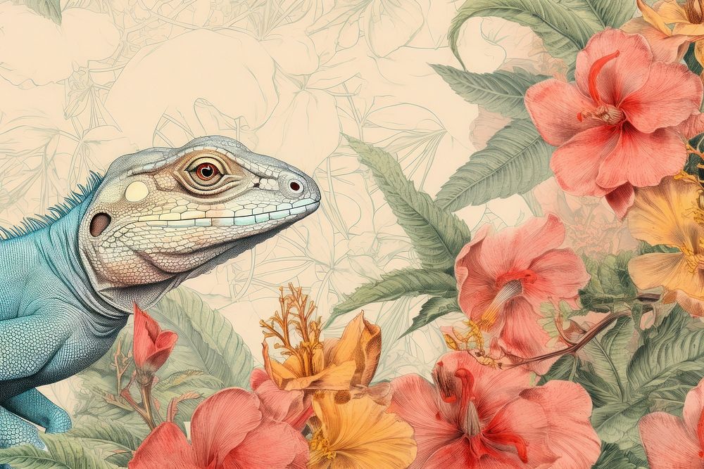 Vintage drawing of lizard pattern flower reptile animal.