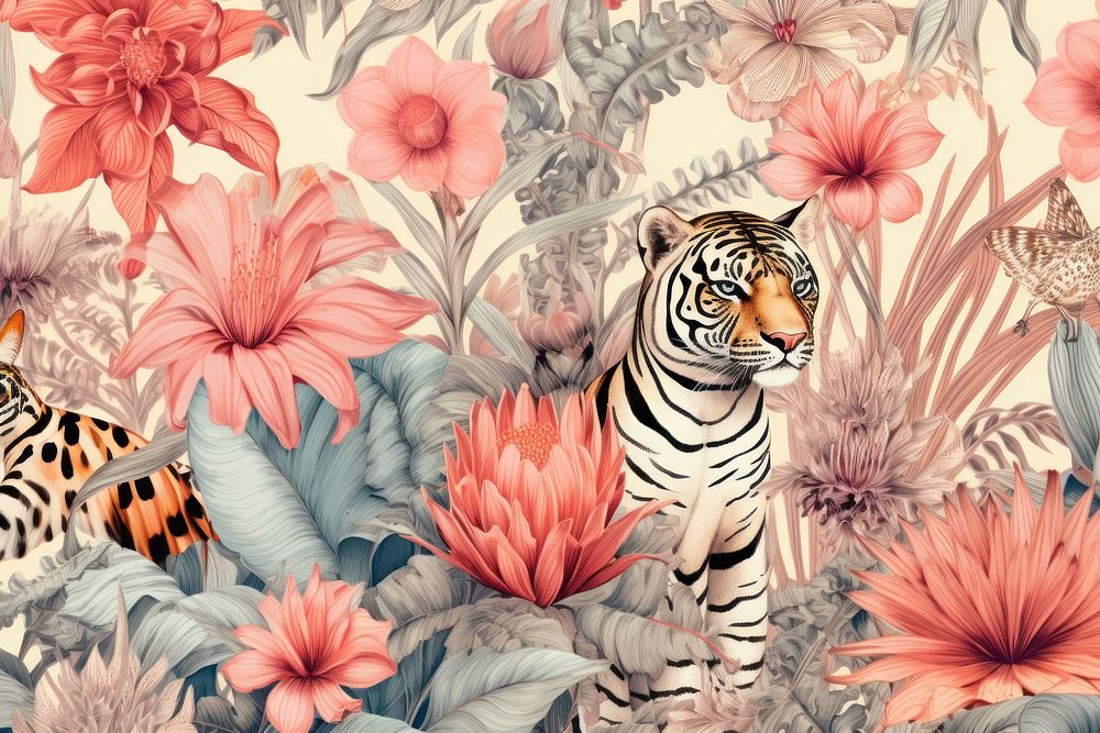 Vintage drawing of safari pattern flower backgrounds wildlife.