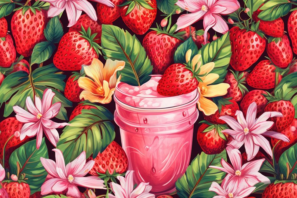 Vintage drawing of strawberry smoothie pattern flower backgrounds fruit.