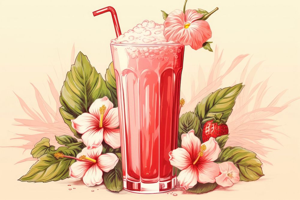 Vintage drawing of strawberry smoothie splash flower drink fruit.