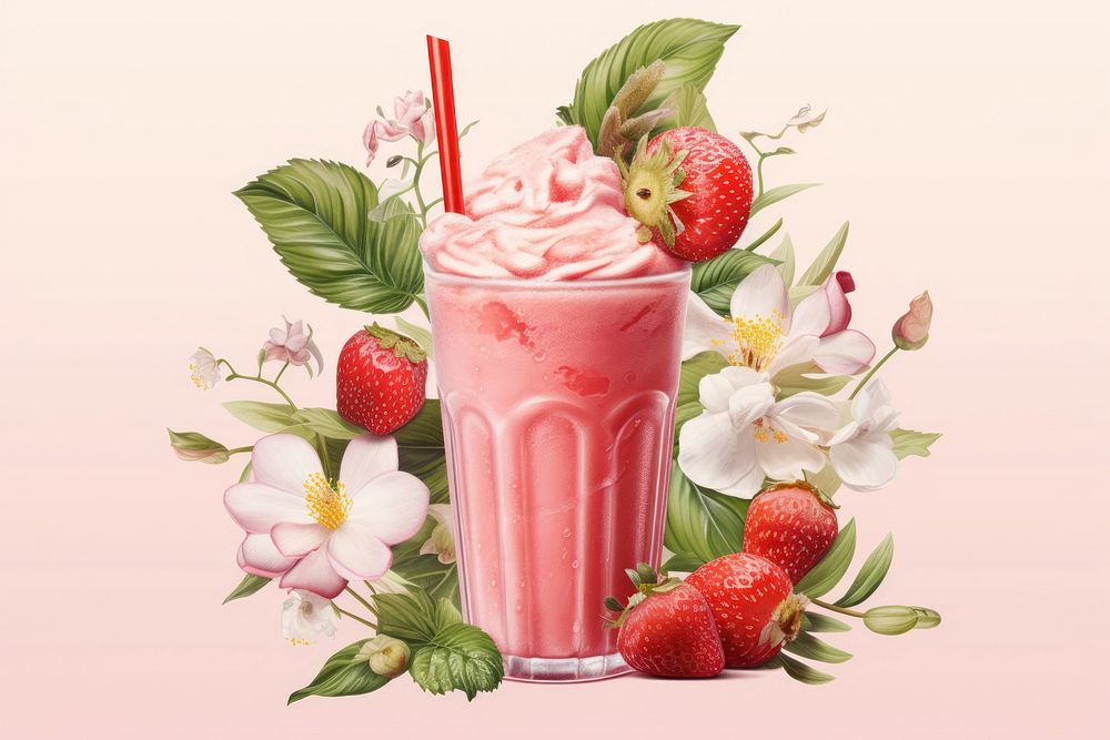 Vintage drawing of strawberry smoothie splash milkshake dessert fruit.