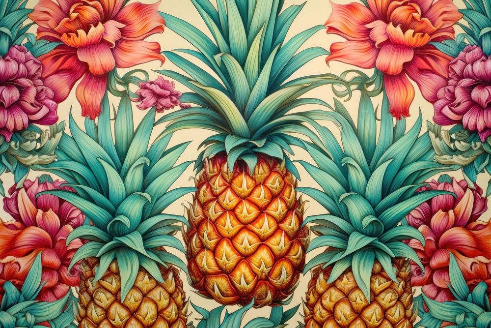 Vintage drawing of pineapple pattern backgrounds flower plant.