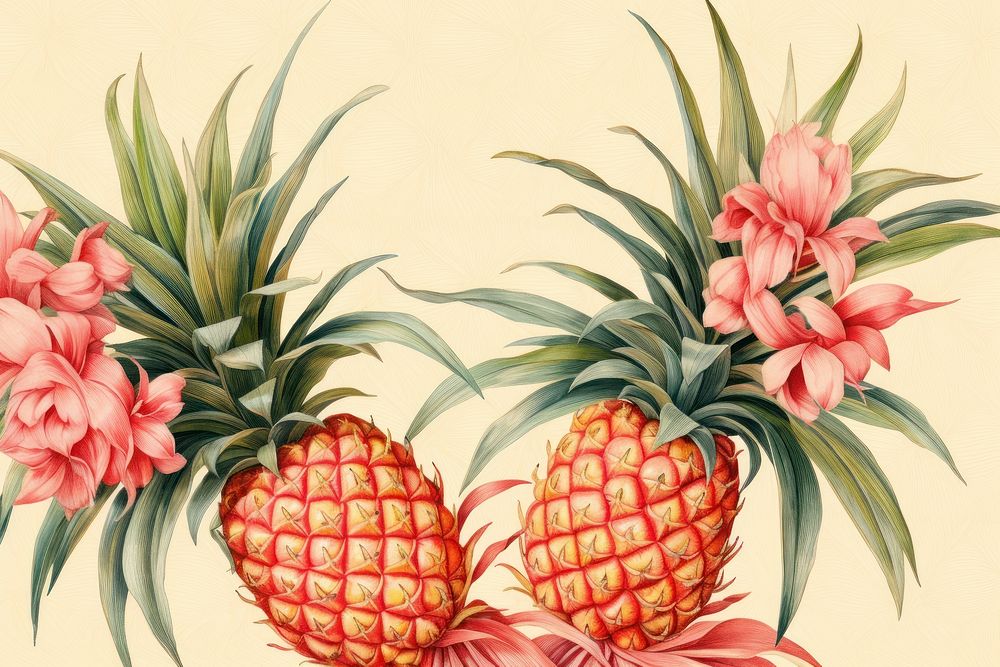 Vintage drawing of pineapple pattern flower plant fruit.