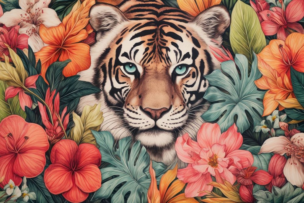Vintage drawing of wild animals pattern flower backgrounds tiger.