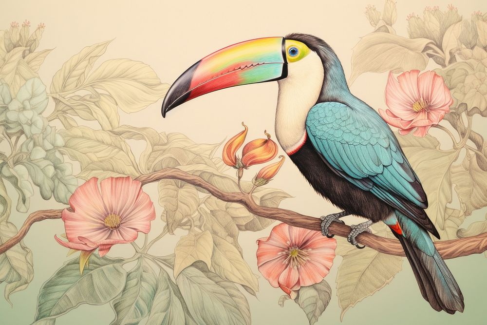 Vintage drawing of toucan bird pattern animal sketch beak.
