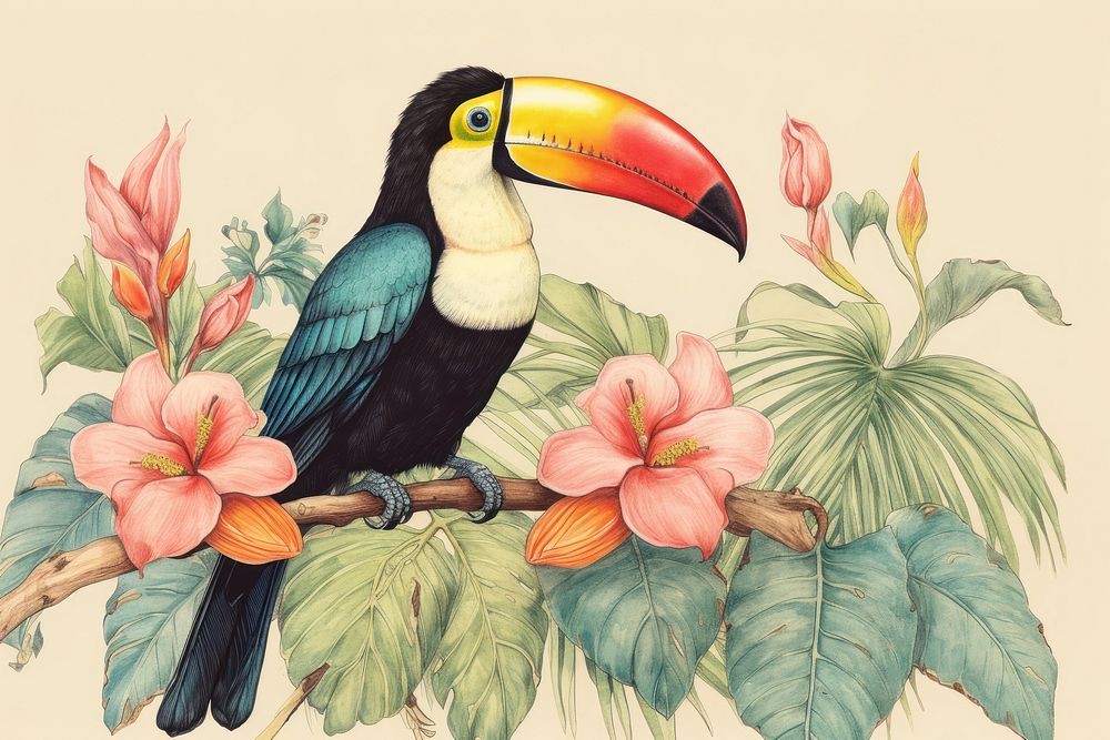 Vintage drawing of toucan bird pattern animal flower wildlife.