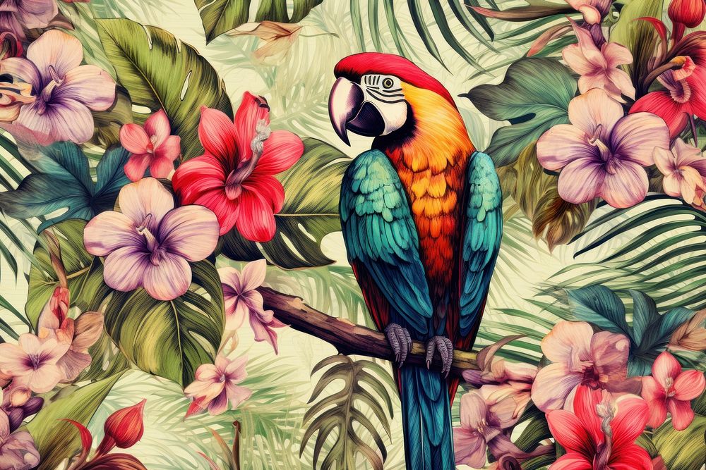 Vintage drawing of tropical bird pattern flower outdoors tropics.