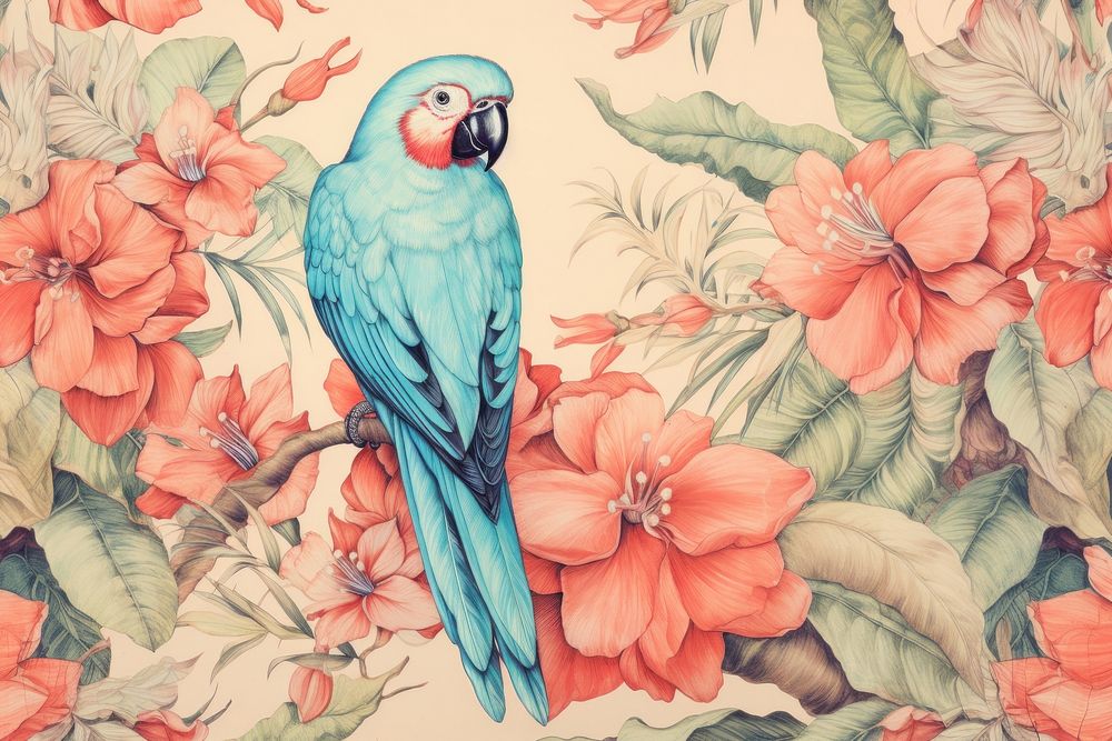 Vintage drawing of tropical bird pattern flower backgrounds parrot.