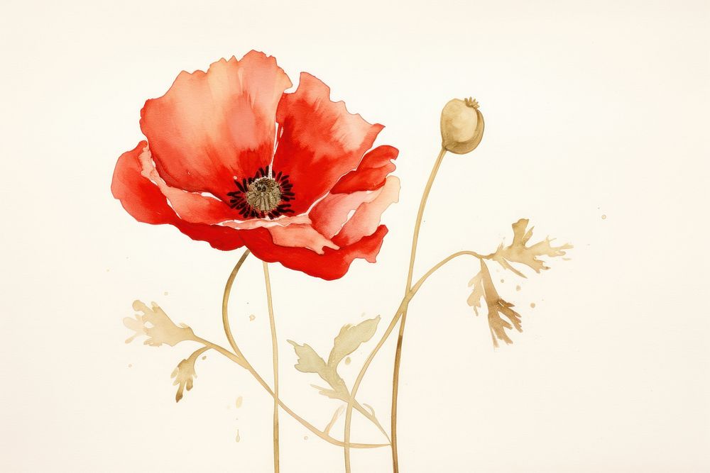 Red poppy watercolor background flower plant rose.
