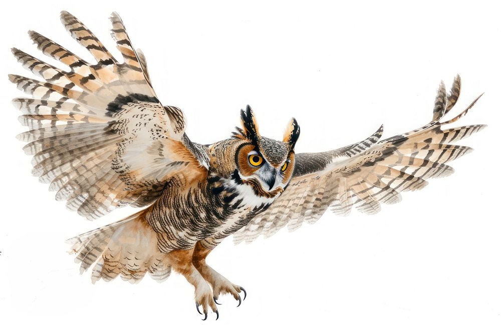 A Great Horned Owl gracefully spreading its wings while clutching a mouse in its talons owl drawing animal.