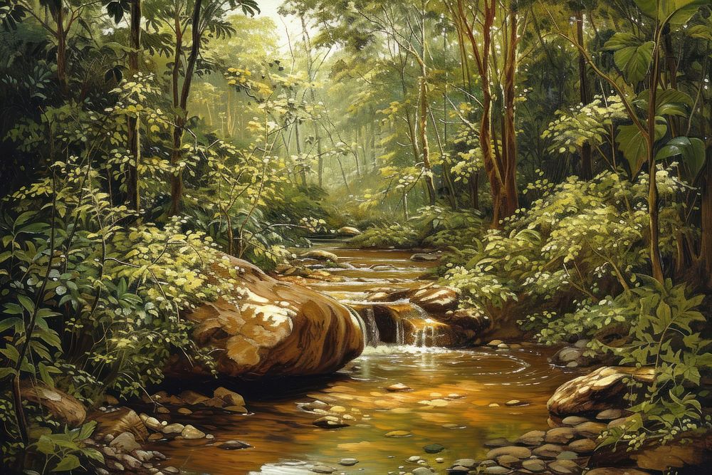 A Rainforest with Boulder and Stream nature stream tranquility.