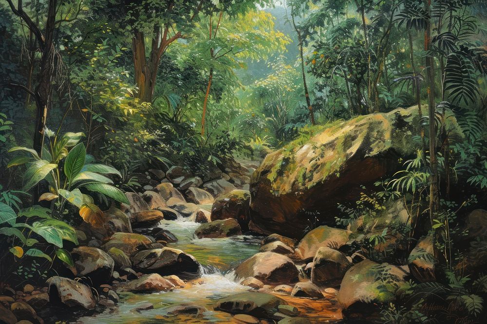 A Rainforest with Boulder and Stream nature stream tranquility.