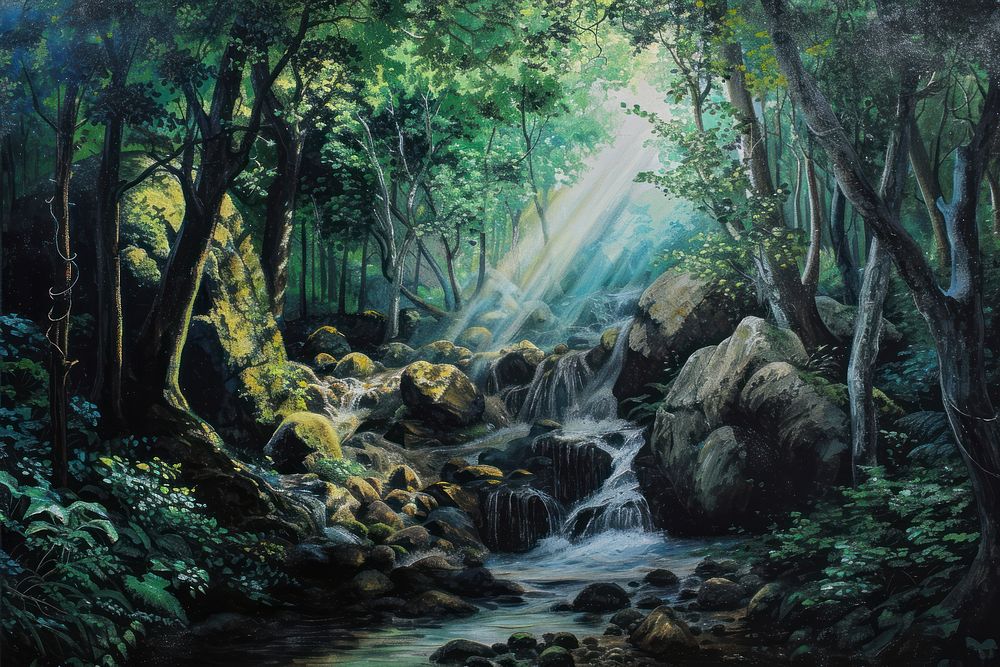 A Rainforest with Boulder and Stream nature stream tranquility.