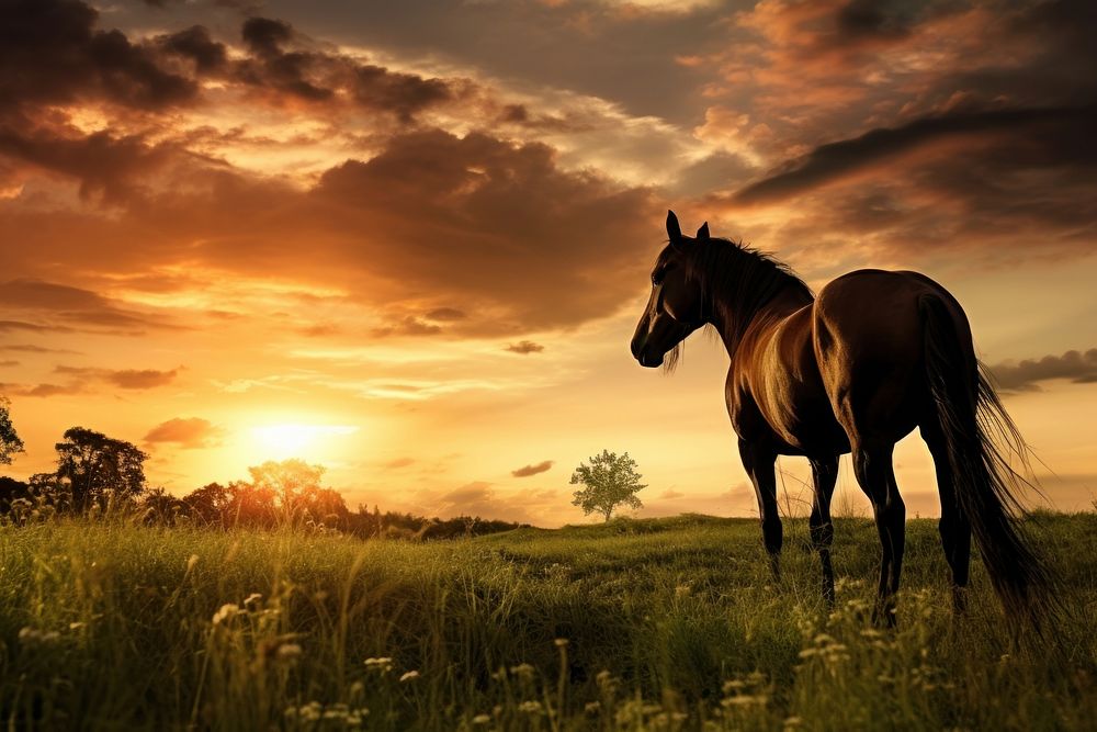 Stallion landscape grassland sunlight.
