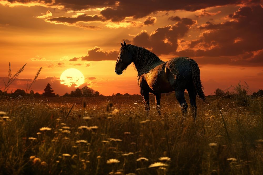 Stallion sunset grassland sunlight.