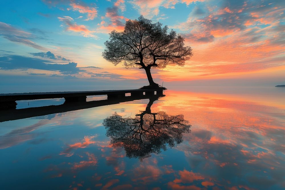 Tranquil tree on jetty landscape outdoors sunrise.