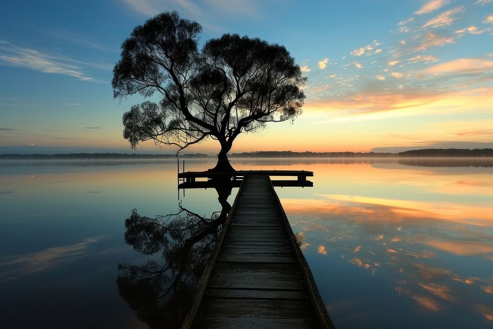 Tranquil tree on jetty landscape outdoors nature.