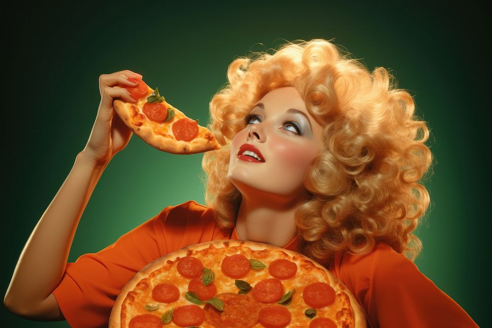 A model woman standing with her head tilted upwards pizza holding eating.
