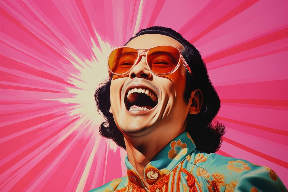 A Chinese man wearing traditional Chinese attire and sunglasses happily celebrating laughing adult art.