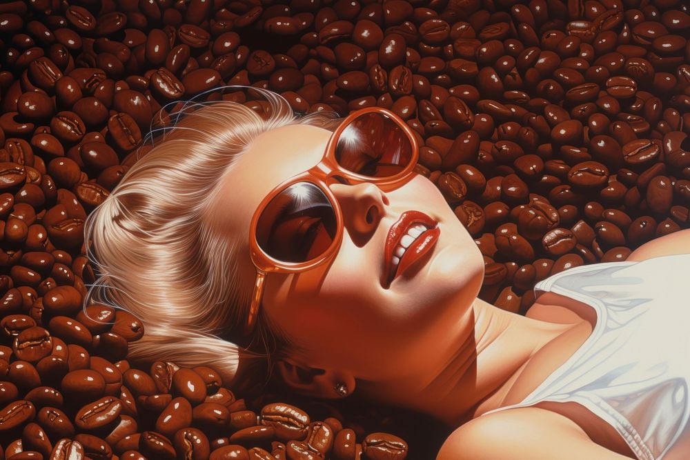 A pile of coffee beans sunglasses adult refreshment.