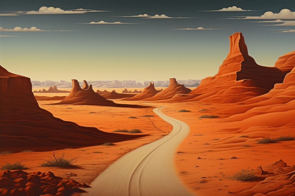 A remote country road winding through the middle of a dry desert landscape nature barren.
