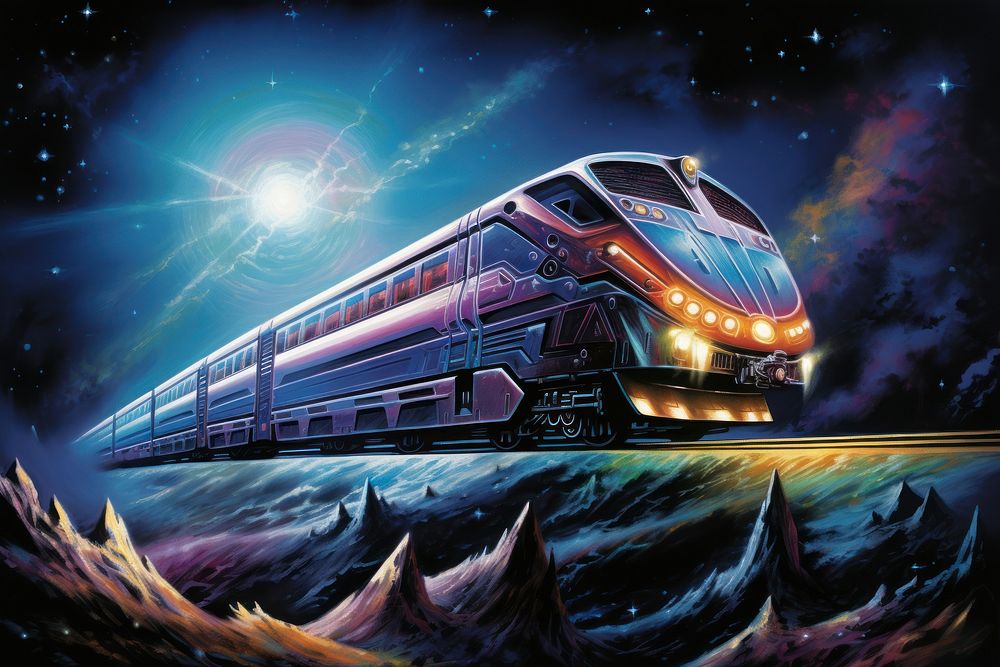 A train traveling across the galaxy vehicle railway space.
