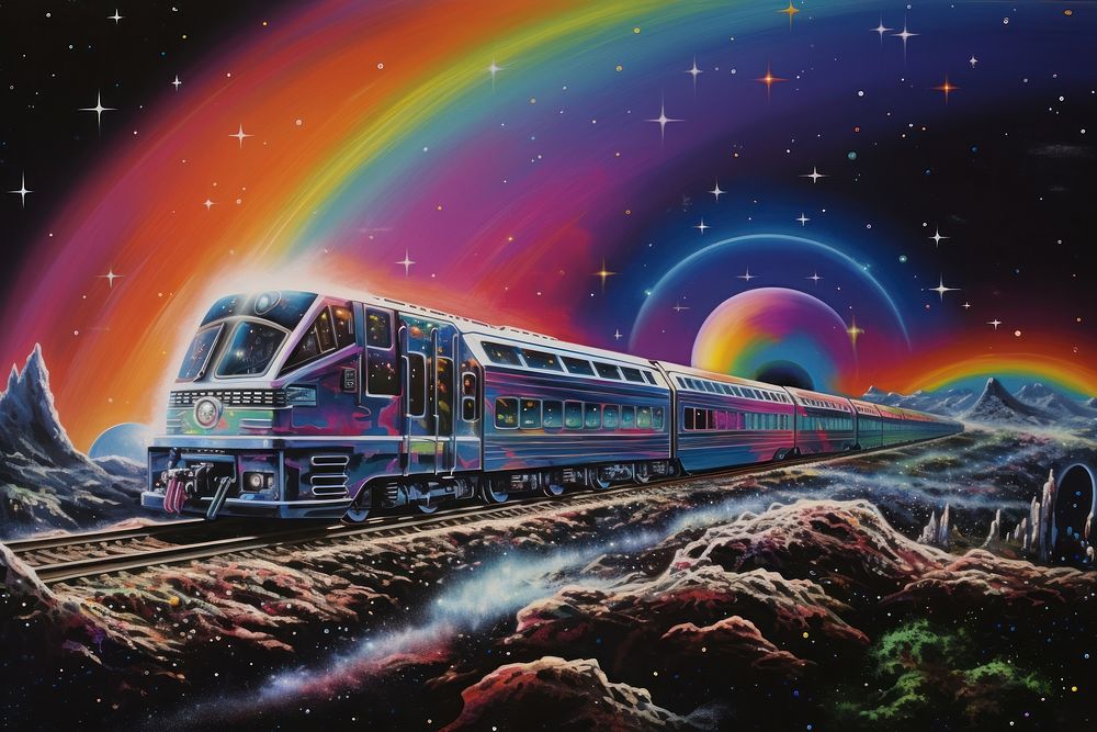 A train traveling across the galaxy vehicle nature night.