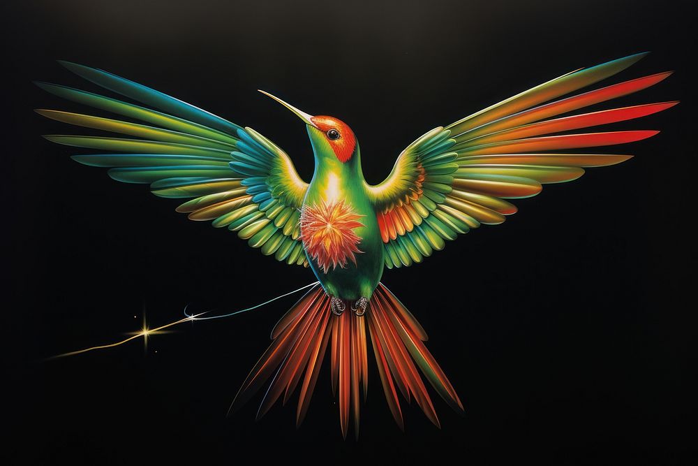 A vibrant bird with bright green and red wings hummingbird animal flying.