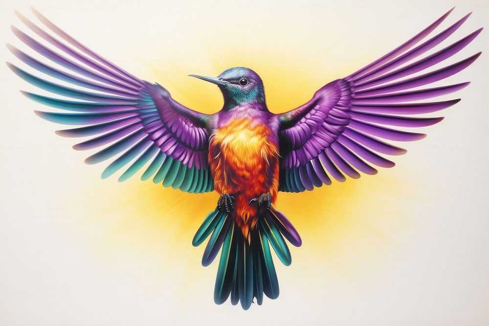 A vibrant bird with purple and yellow wings hummingbird drawing animal.
