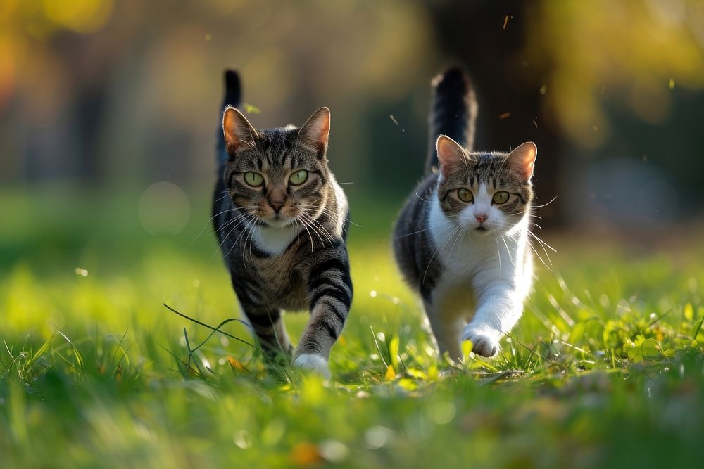 Cats running grass outdoors animal.