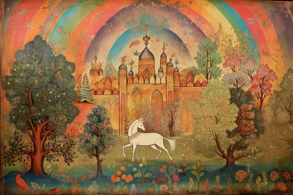 Medieval Persian painting art of rainbow backgrounds tapestry mammal.