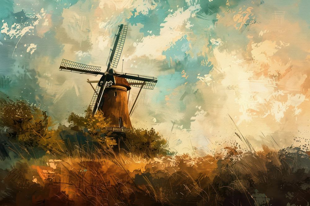 Oil painting illustration botanical wallpaper of windmill outdoors architecture agriculture.