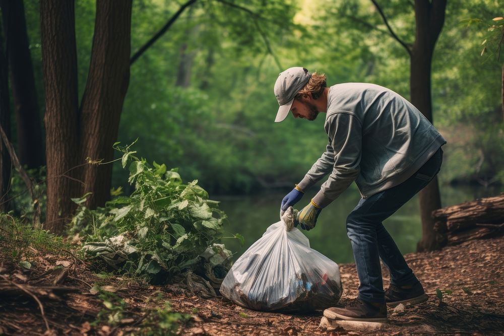 Environmental activist picking up garbage gardening outdoors nature.