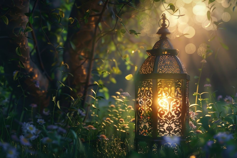 Glowing Ramadan celebration lantern lighting nature outdoors.