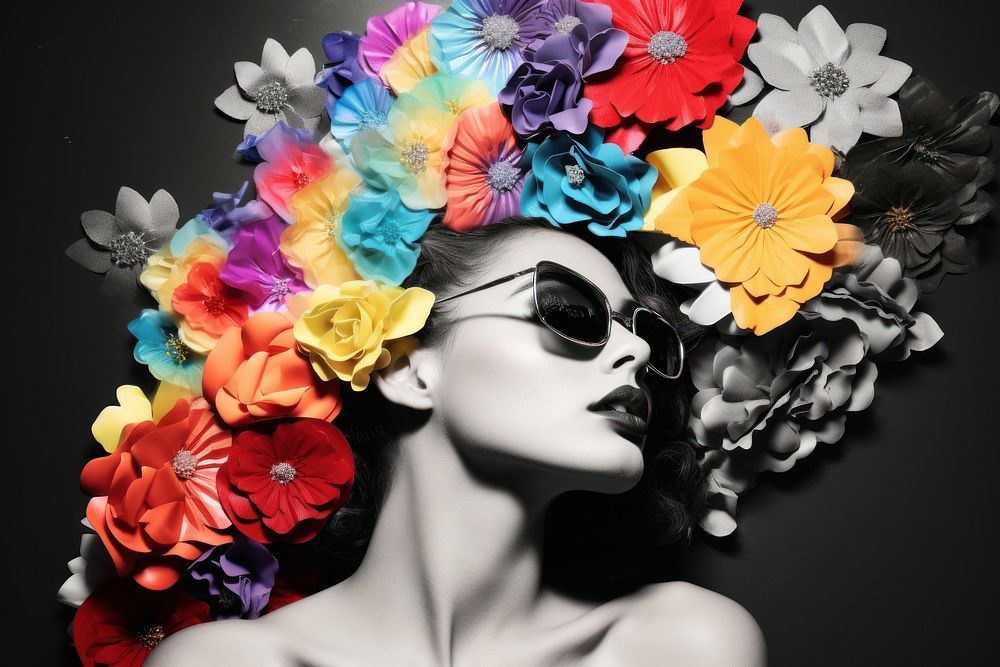 Collage of rainbow flower portrait fashion.