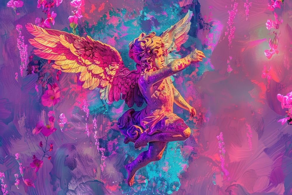 Cupid in the style of aesthetic neon art nouveau purple representation backgrounds.