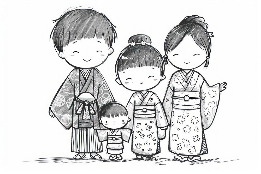 Asian family in the style of frayed chalk doodle drawing sketch cute.