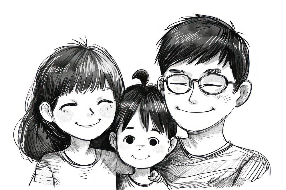 Asian family in the style of frayed chalk doodle drawing glasses sketch.
