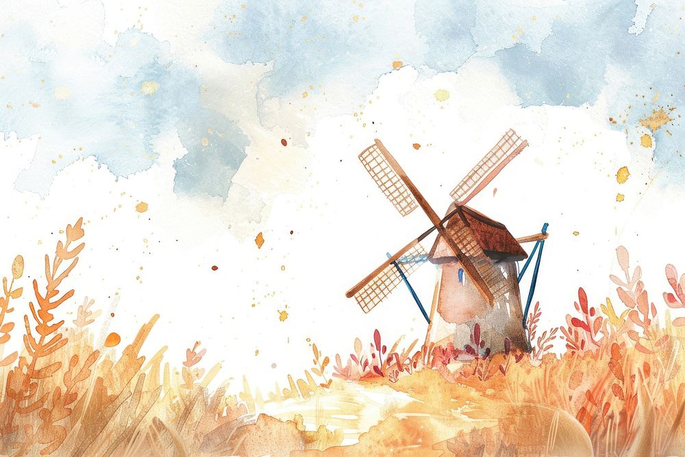 Windmill watercolor illustration Background outdoors agriculture landscape.