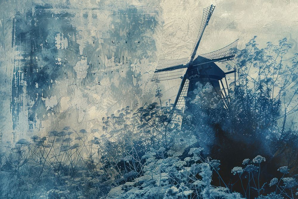 Cyanotype art windmill backgrounds painting outdoors.