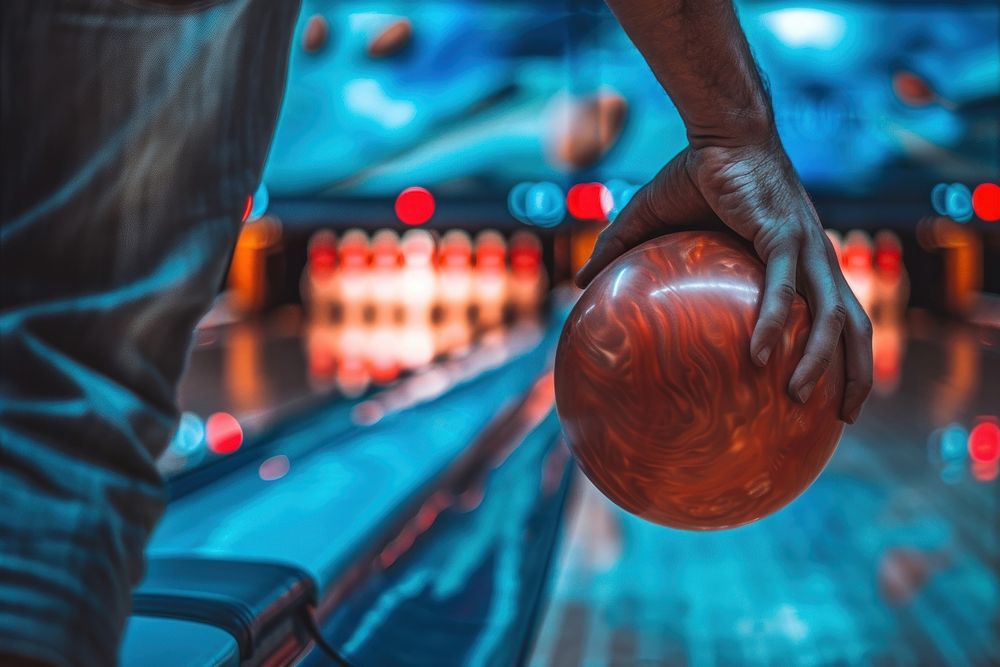 Man hand holding bowling ball basketball sports competition.