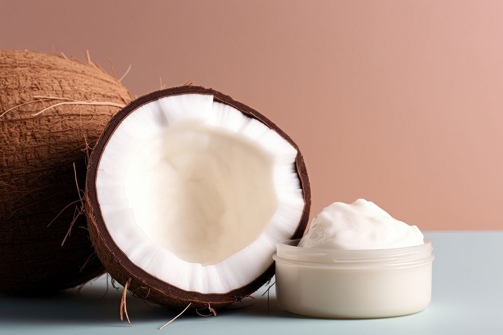Half coconut and coconut oil food container beverage.
