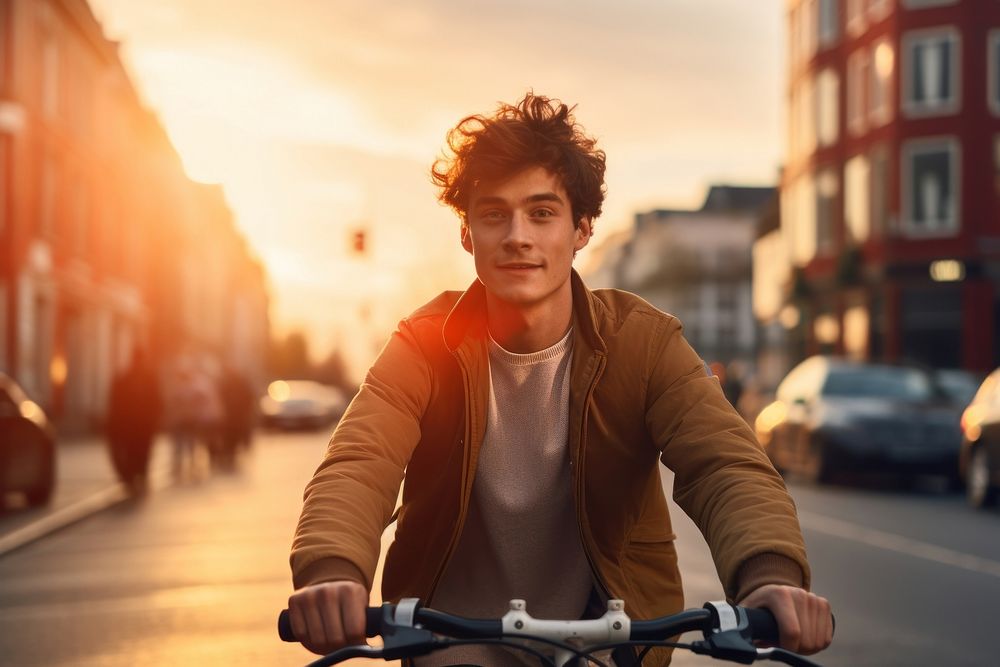 Young man on bike photography outdoors portrait.