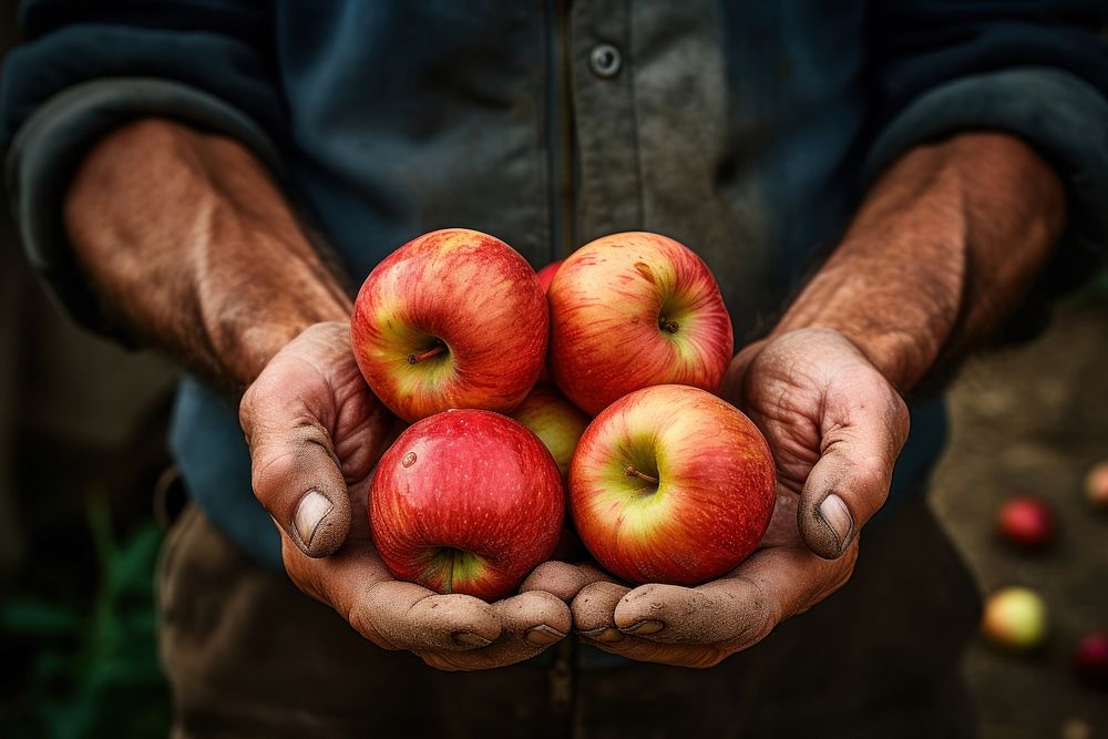 Hands with ripe apple farmer fruit adult.