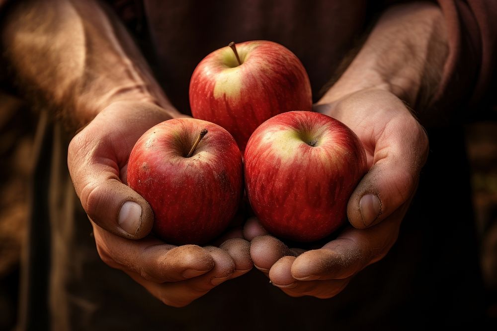 Hands with ripe apple fruit plant food.
