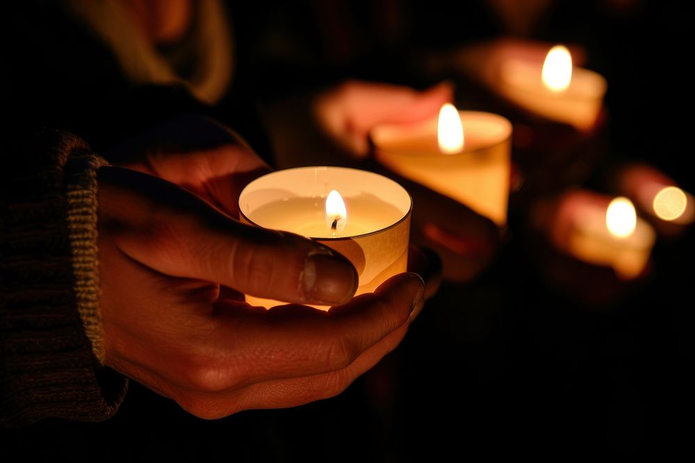 People holding candle darkness vigil illuminated.