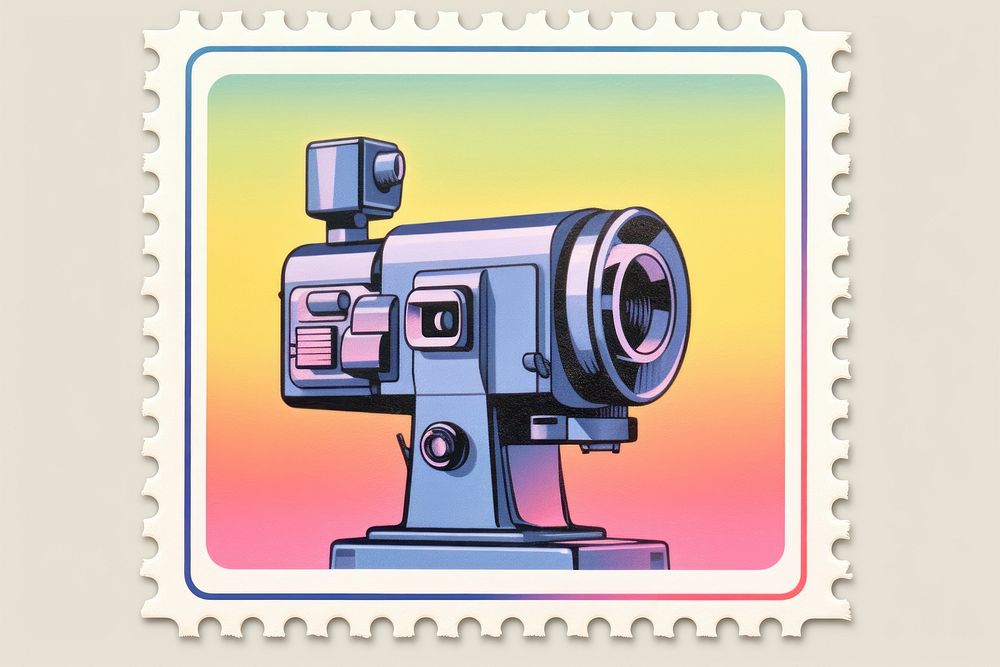 Rainbow Risograph style camera postage stamp electronics.